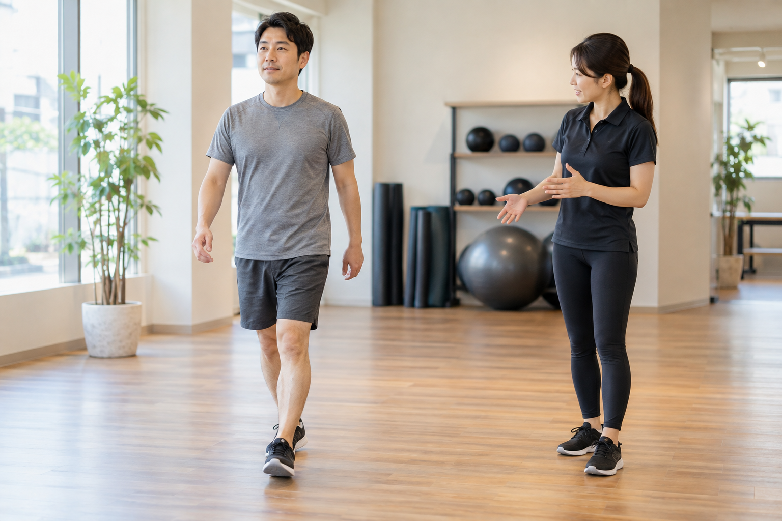 無理のない歩幅で歩く男性をトレーナーが観察するイメージ
