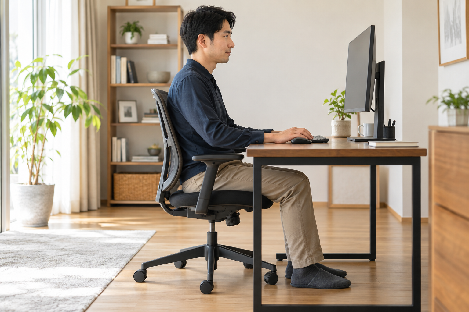 正面の画面を見ながら楽に座って作業する男性のイメージ