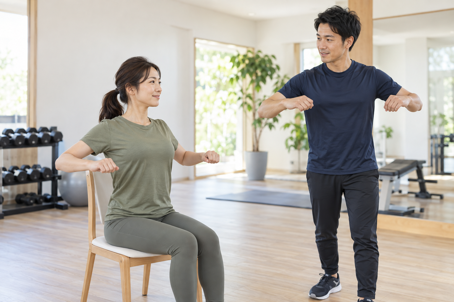 椅子に座って肩まわりの小さな動きをトレーナーと確認する女性のイメージ