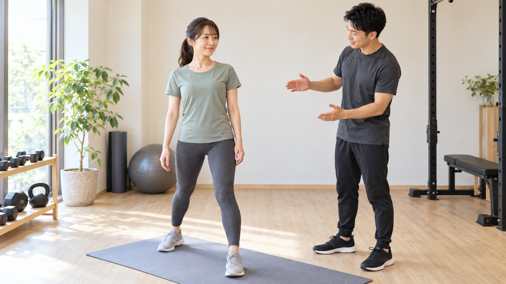 体験トレーニングで立ち姿勢についてトレーナーから説明を受ける女性のイメージ