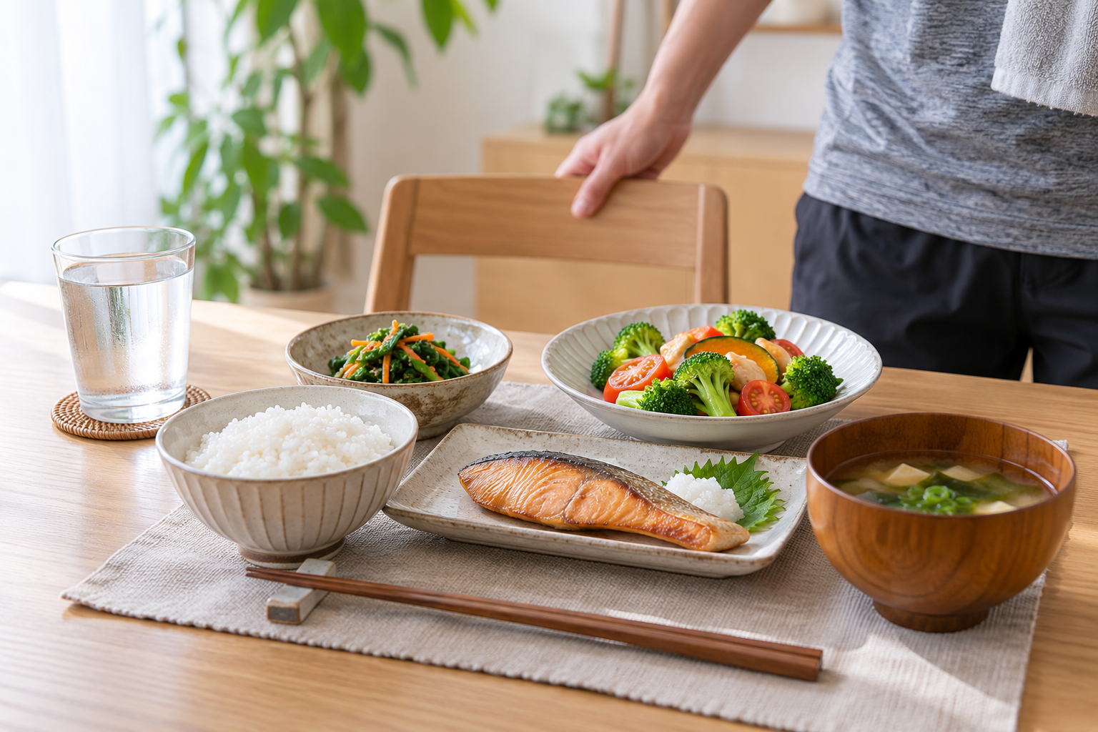 焼き魚、野菜、ご飯、味噌汁と水を並べた食事