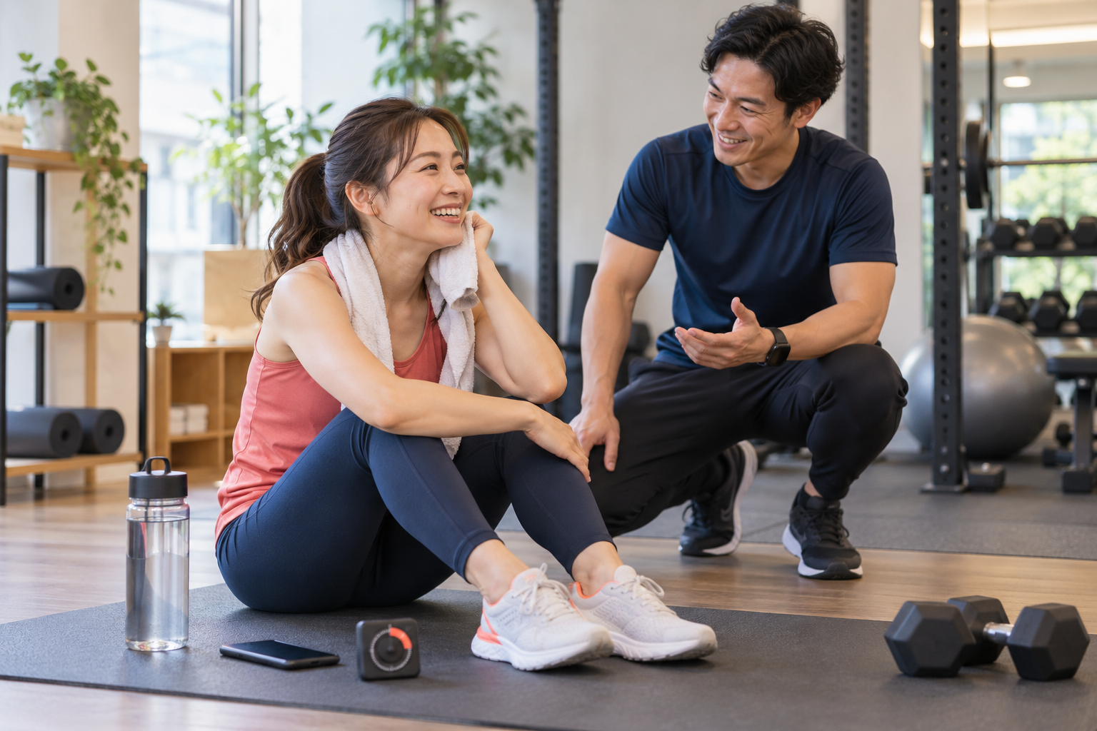 セットの合間にトレーナーと次の運動を相談する女性