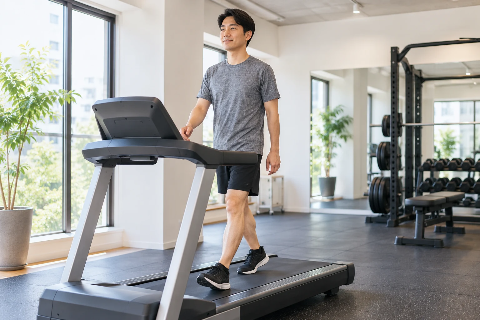 ジムのランニングマシンでゆっくり歩き、準備運動をする男性