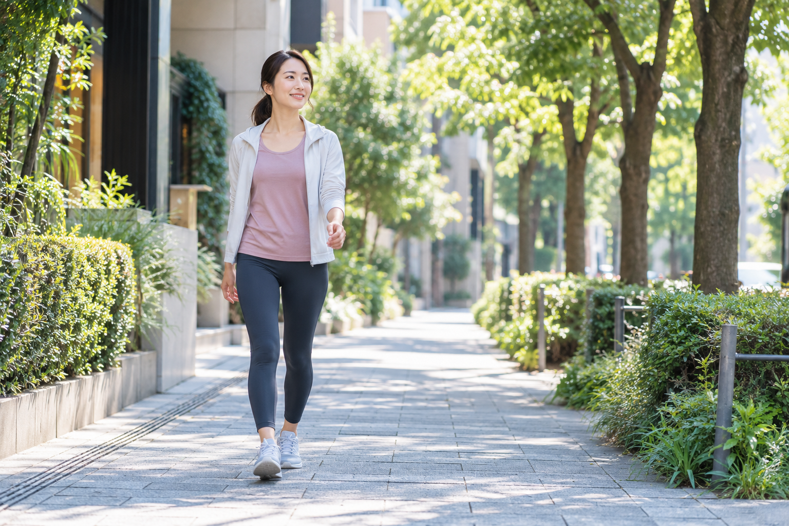 パーソナルジムに行かない日にウォーキングをする女性