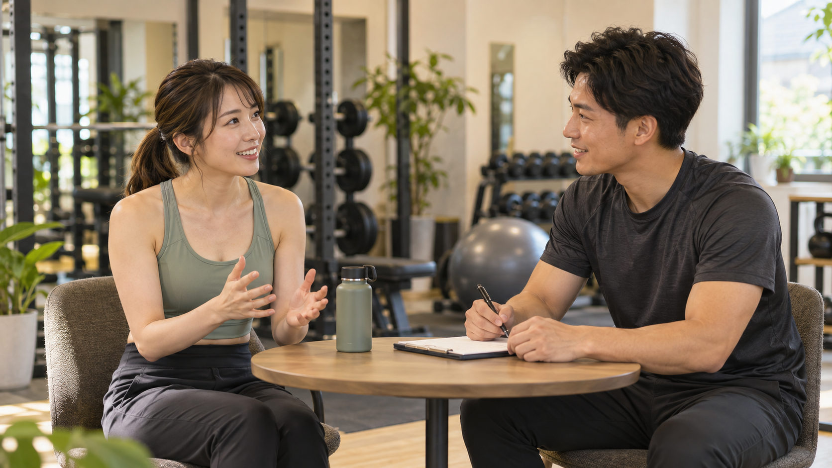 仕事帰りの生活リズムをトレーナーに相談する女性のイメージ