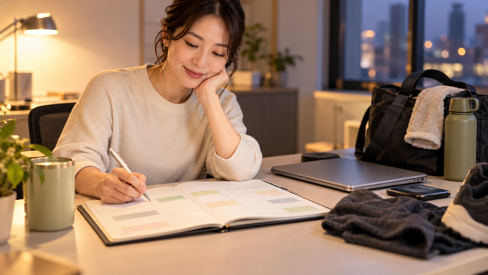 移動と帰宅の時間を考えながらジムの予定を手帳に整理する女性のイメージ