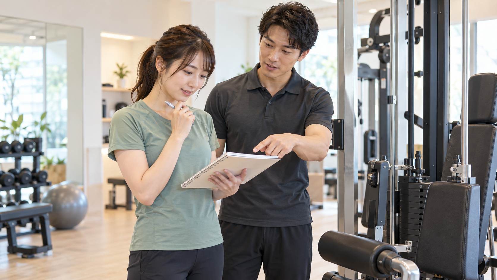 トレーナーと自主トレの内容をノートで確認する女性(イメージ)