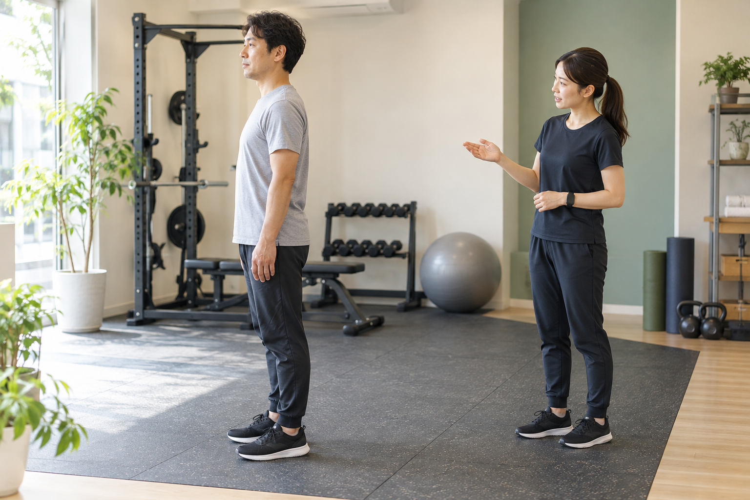 楽に立った男性の姿勢をトレーナーが確認するイメージ
