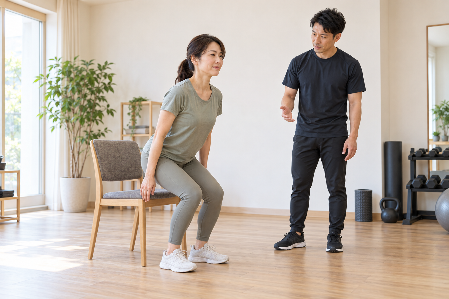 女性が椅子から立つ動きをトレーナーと確認するイメージ