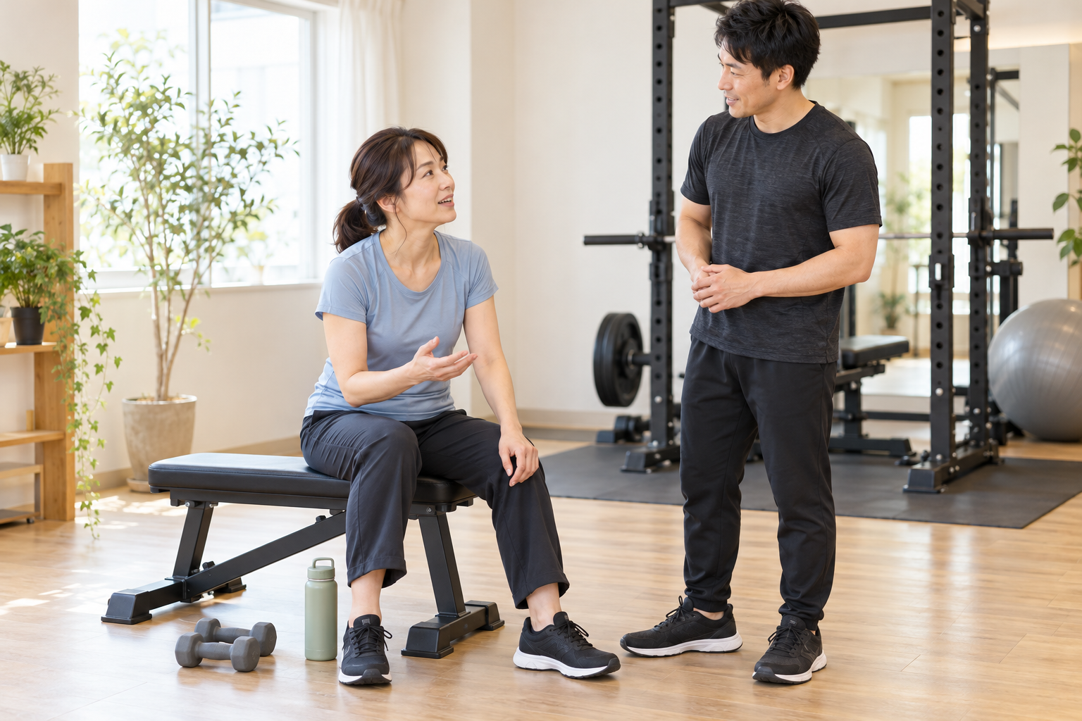 運動の合間に休憩を取り、感じたきつさをトレーナーへ伝える成人のイメージ