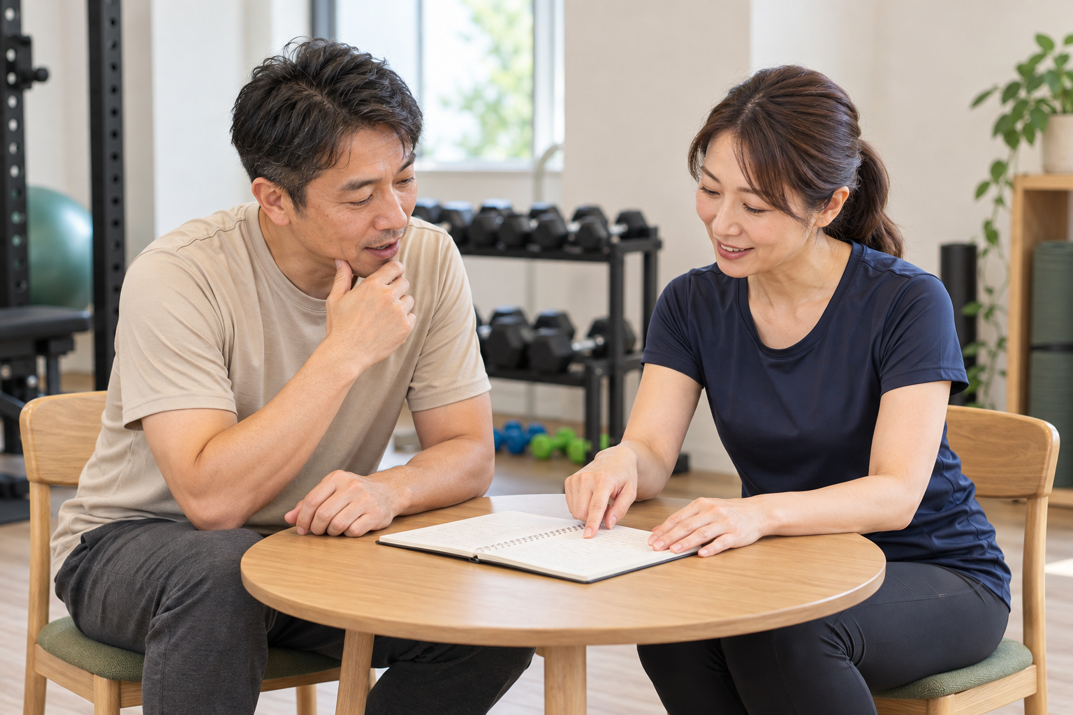 ノートを見ながら運動の負担と次回の調整を相談する成人とトレーナーのイメージ
