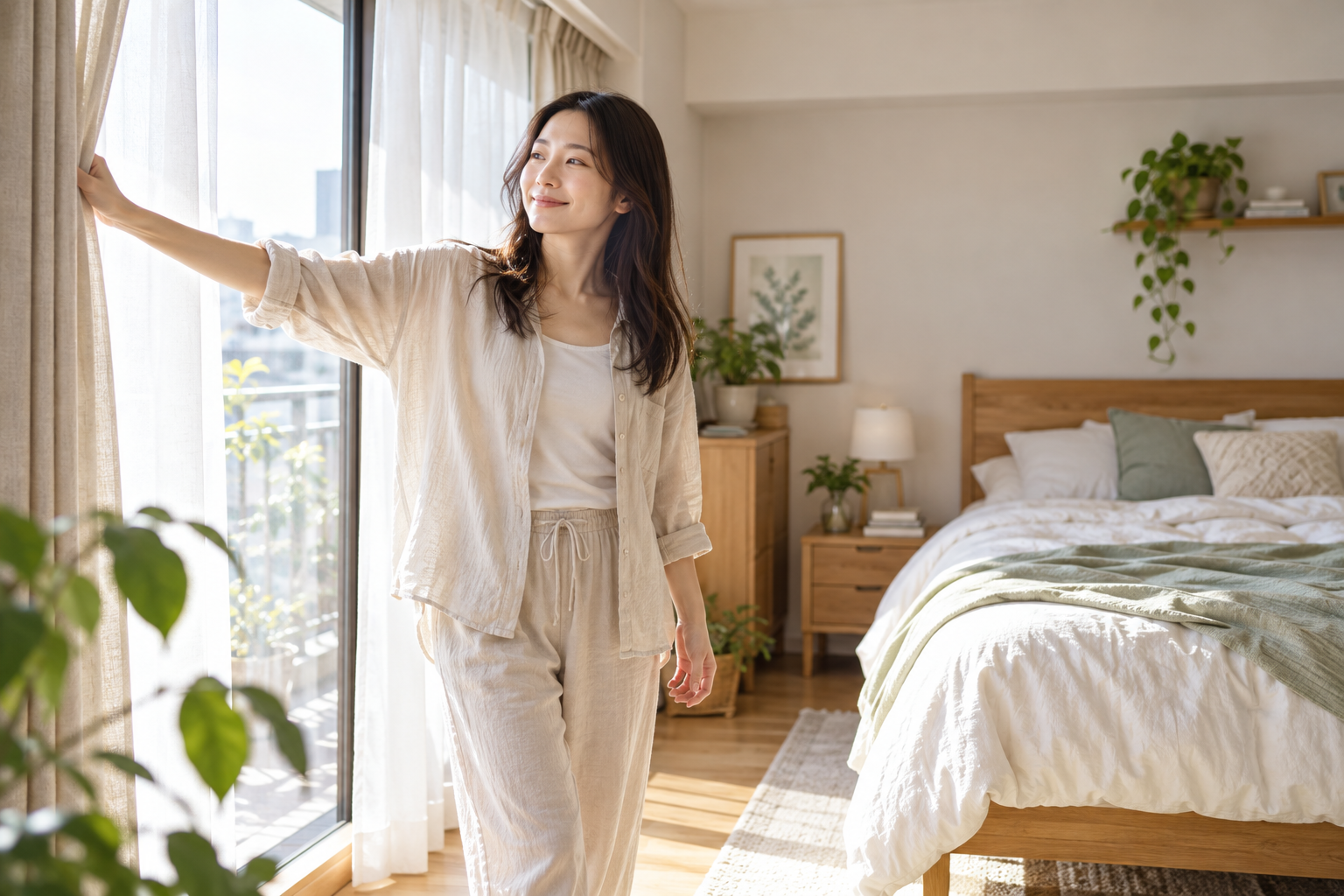 起床後にカーテンを開け、朝の自然光を室内へ取り入れるイメージ