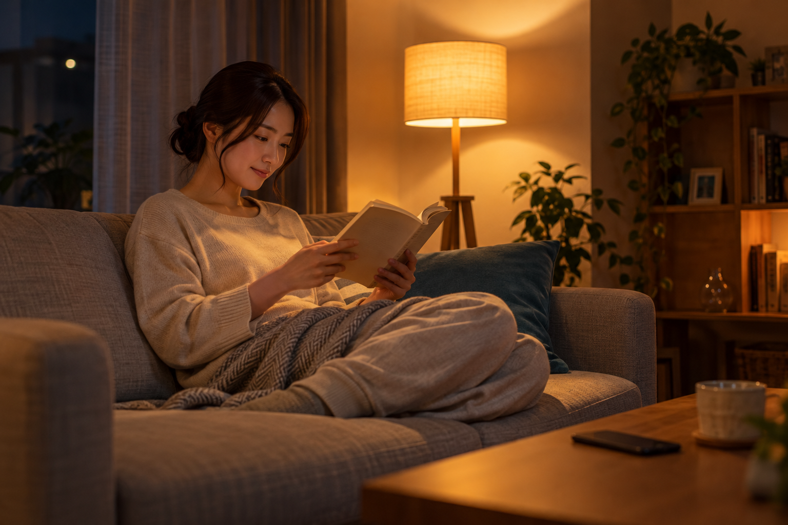 夜に暖色の控えめな照明で読書し、スマートフォンを離して置くイメージ