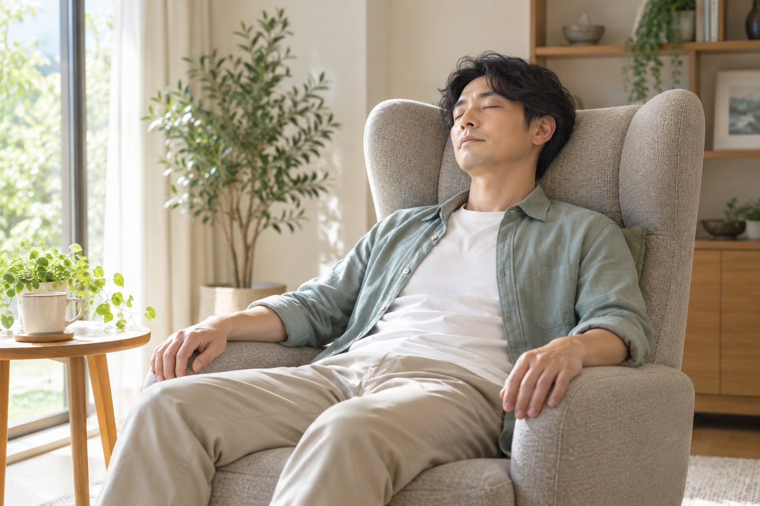 頭を支えられる椅子で短い昼の休息を取るイメージ