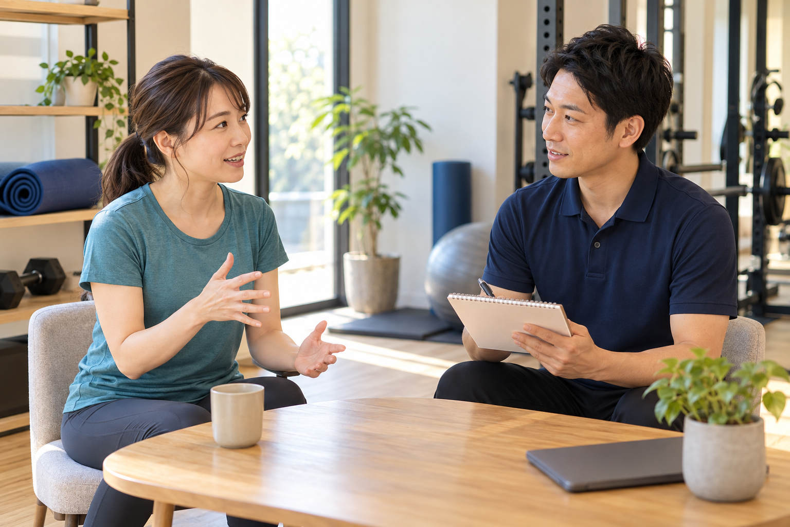 自宅で運動できる時間と場所をトレーナーに相談する女性のイメージ