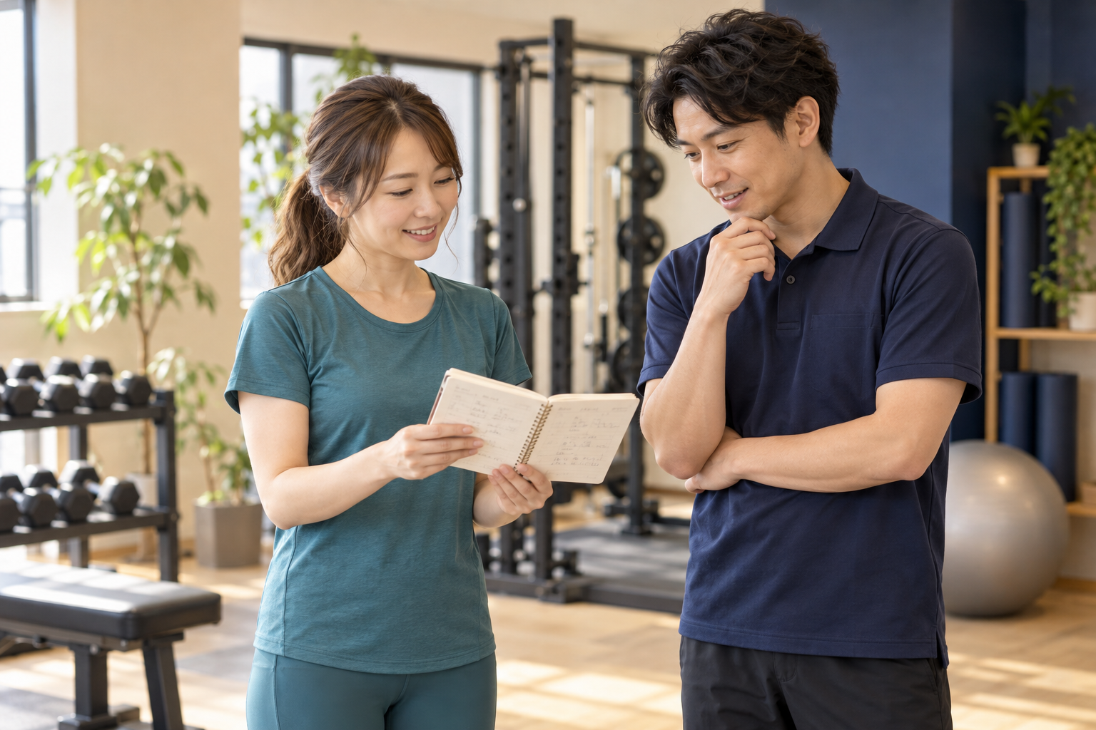 自宅で取り組んだ内容と疑問をトレーナーと振り返る女性のイメージ