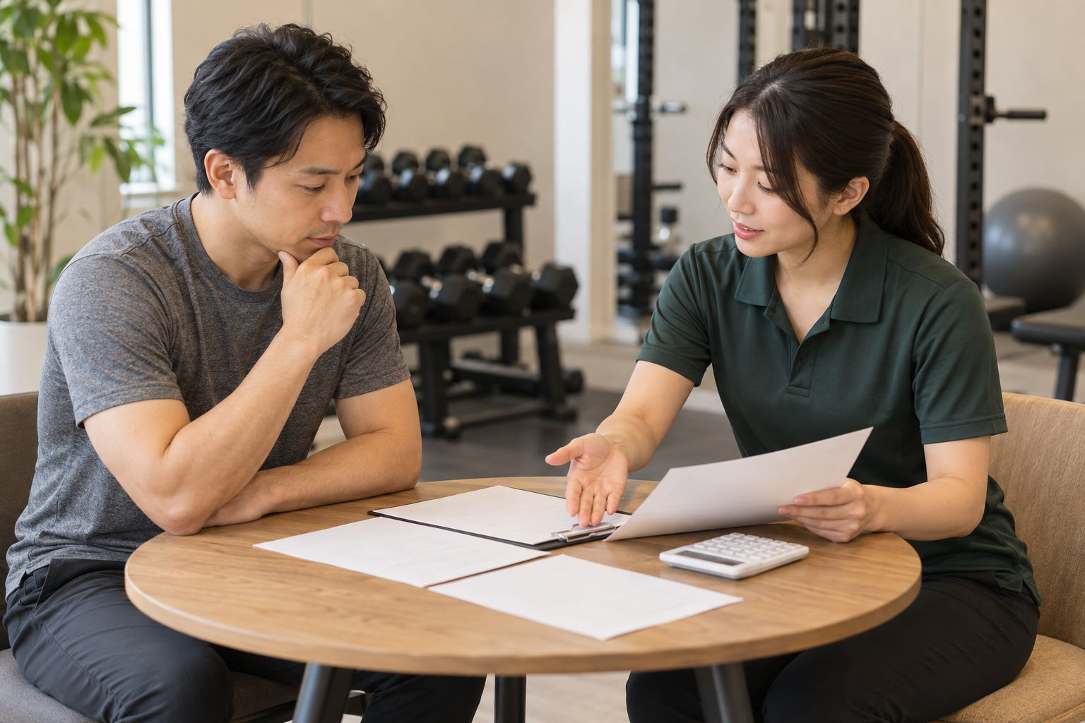 成人男性とトレーナーがジムの料金や利用条件を相談するイメージ