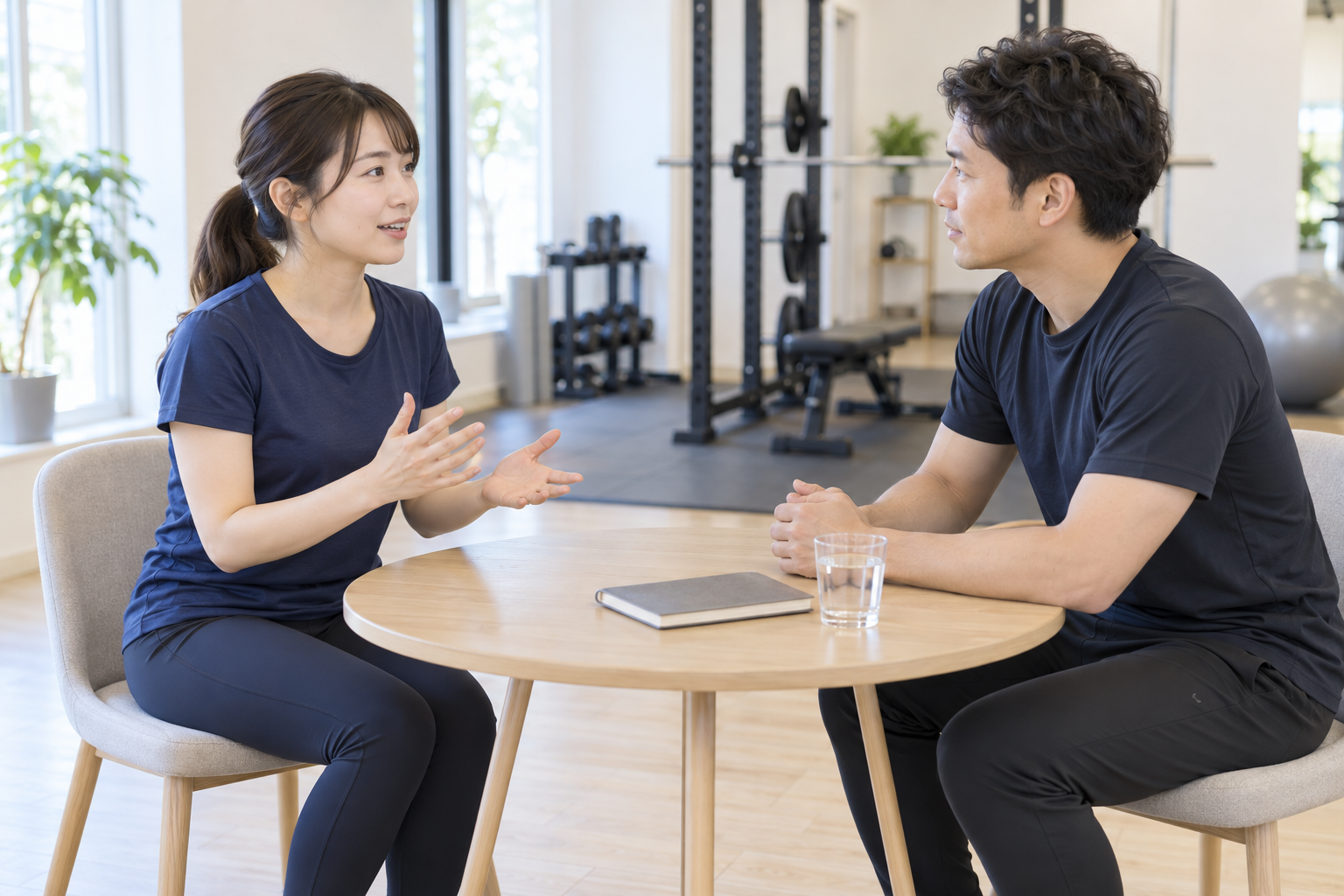 落ち着いた雰囲気でトレーナーに希望を伝える体験カウンセリングのイメージ