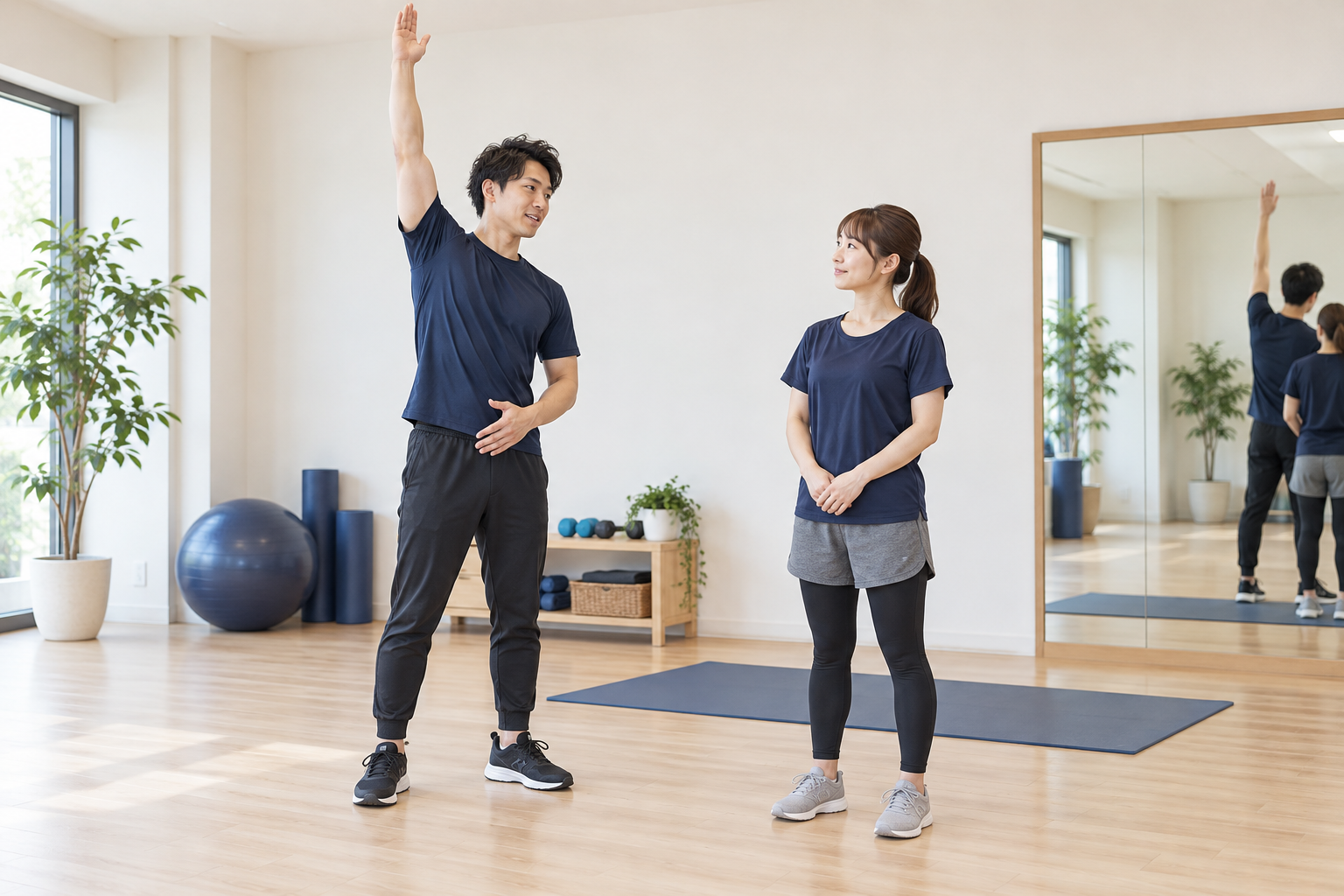 トレーナーの見本を見て動きを確認するマンツーマントレーニングのイメージ