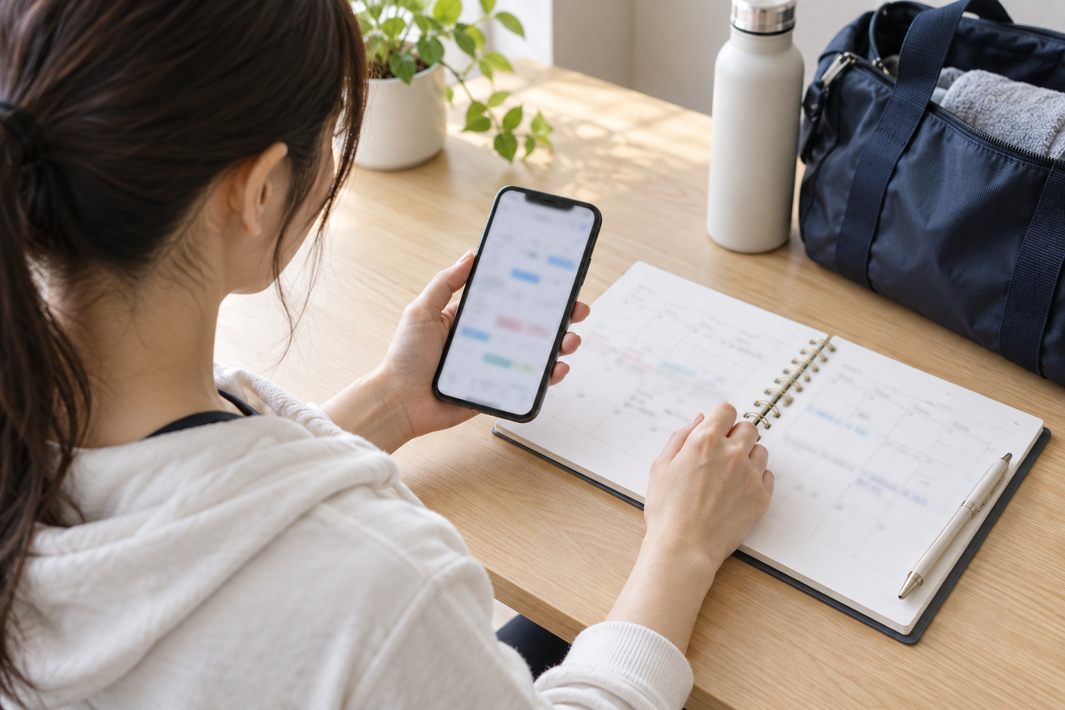 スマートフォンと手帳で通える曜日の候補を確認するイメージ