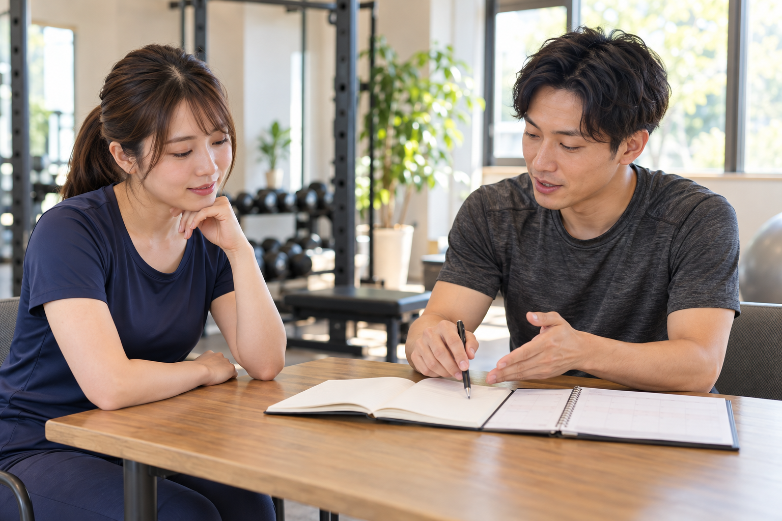 体験カウンセリングでトレーナーと通い方を相談するイメージ