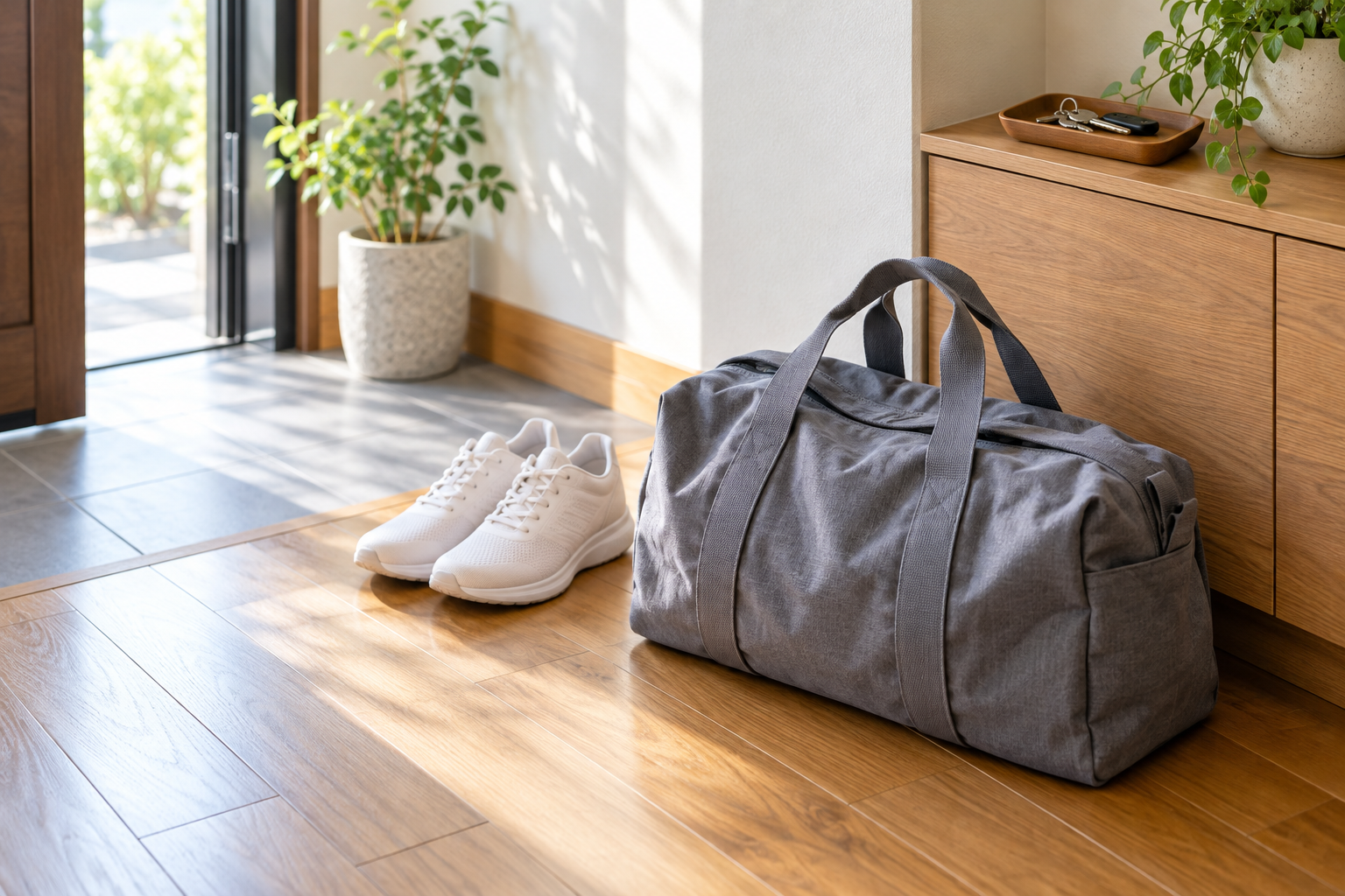玄関に置いたジムバッグと運動靴のイメージ