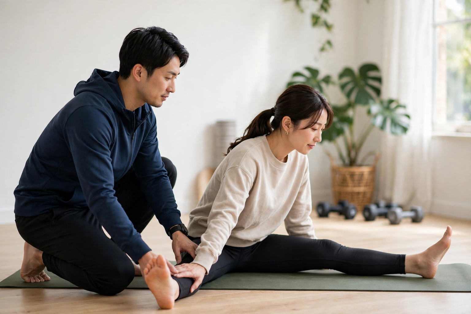 トレーナーの指導で無理のない動きを確認しながらトレーニングする様子