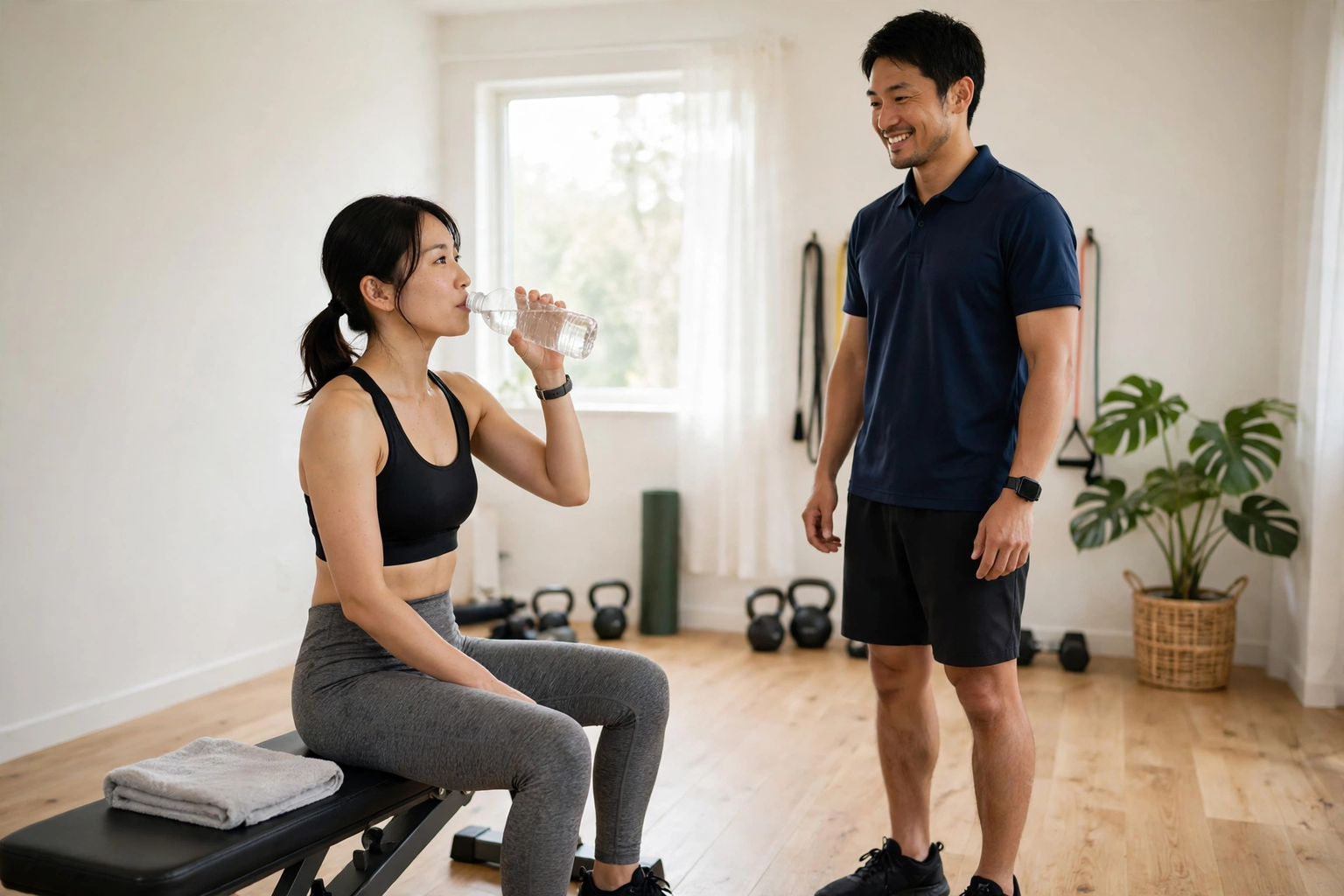 トレーニングの合間に水分をとって休憩する様子