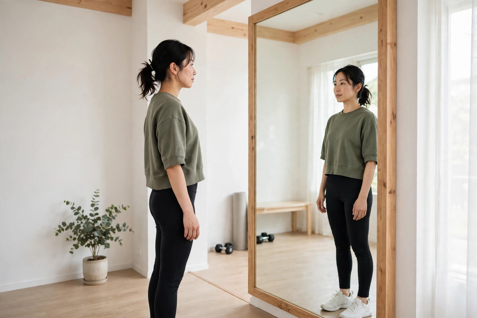 鏡の前で自分の立ち方を確認する様子