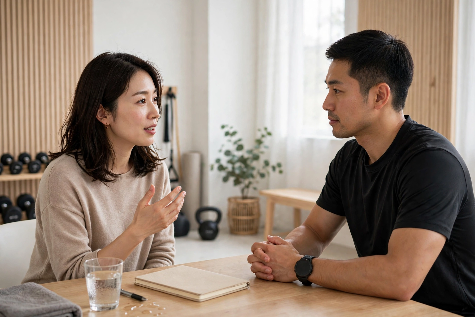 カウンセリングで気になった姿勢のことをトレーナーに相談する様子