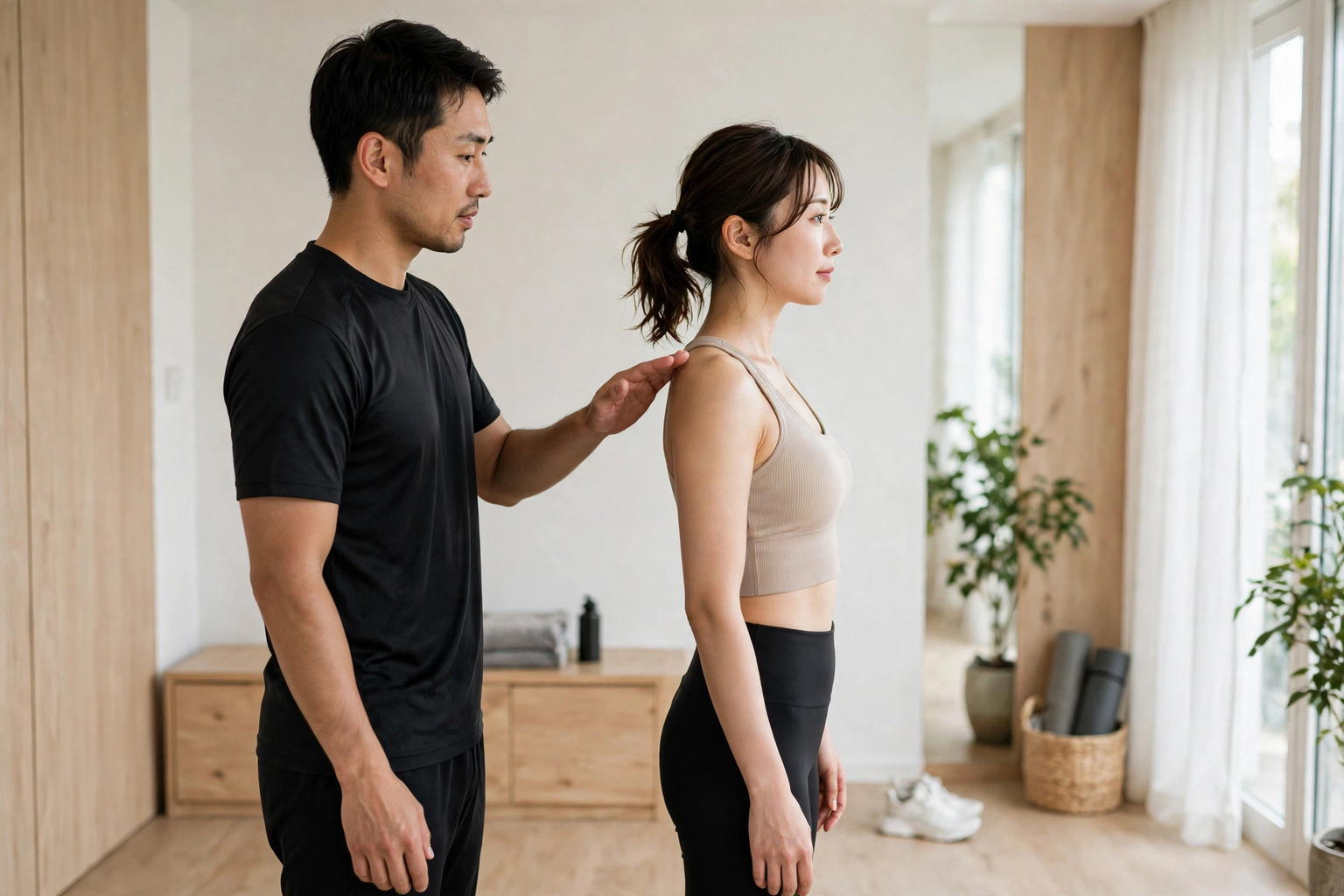 姿勢分析の結果をもとにトレーナーの指導で身体の使い方を確認する様子