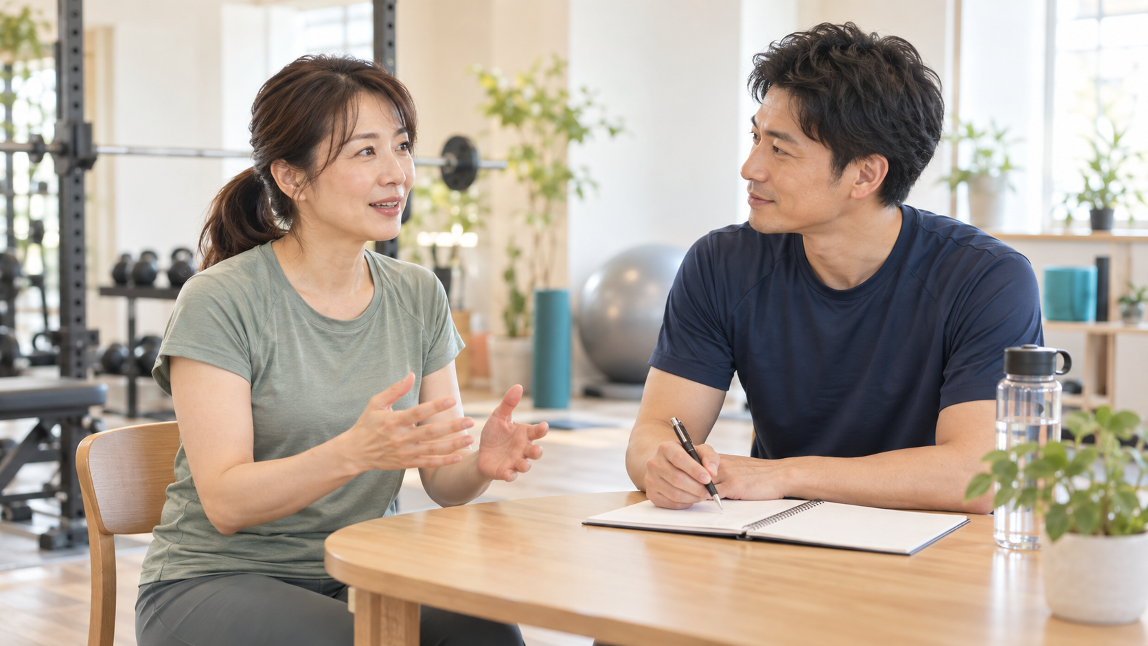過去の運動経験と今の生活についてトレーナーに相談する女性のイメージ