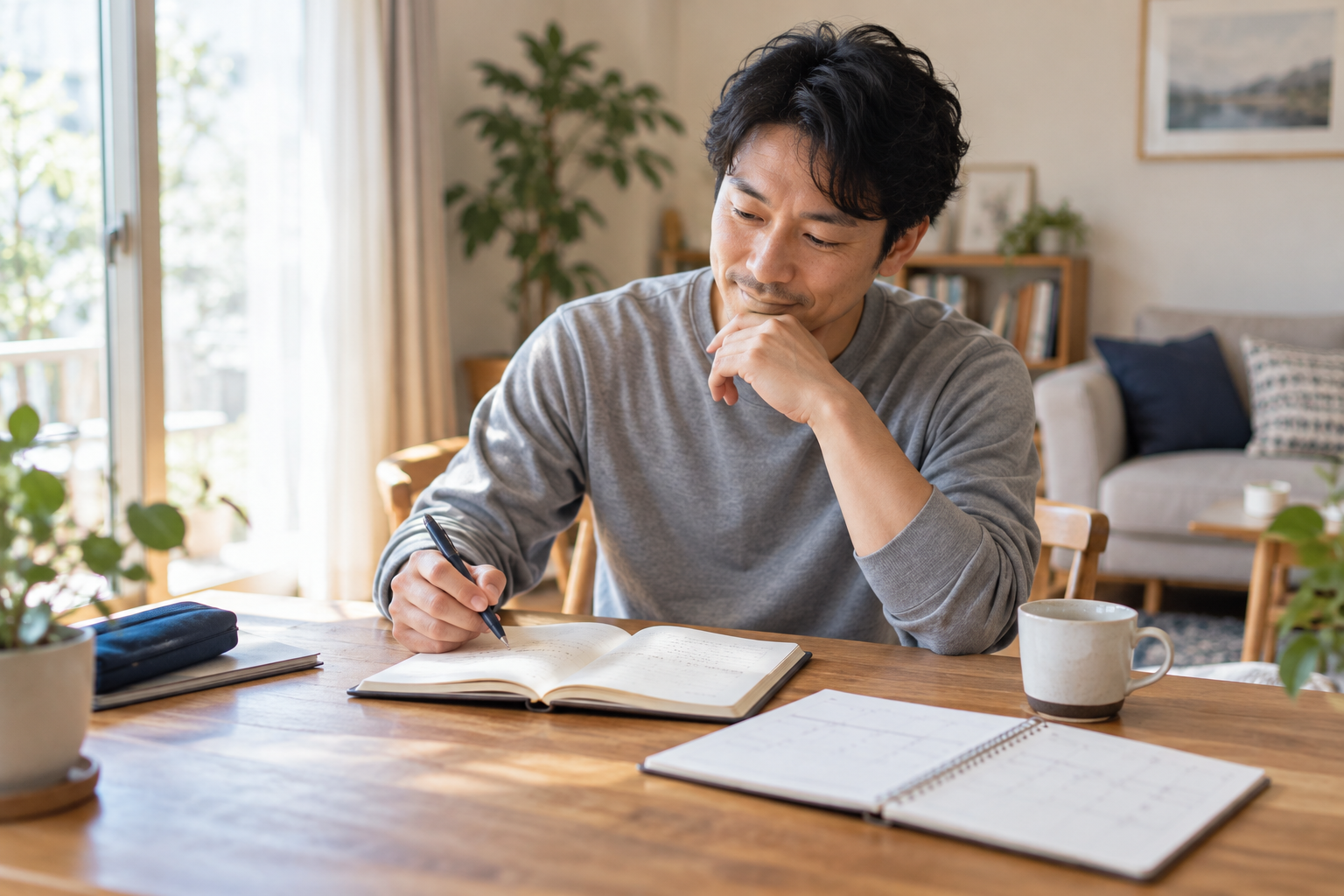 体験後に自宅で振り返りメモと予定を整理する男性のイメージ